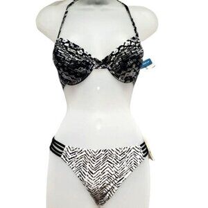 ARIZONA Womens 2 Piece Bikini‎ SZ S Halter Black White Swim Animal Print Floral
